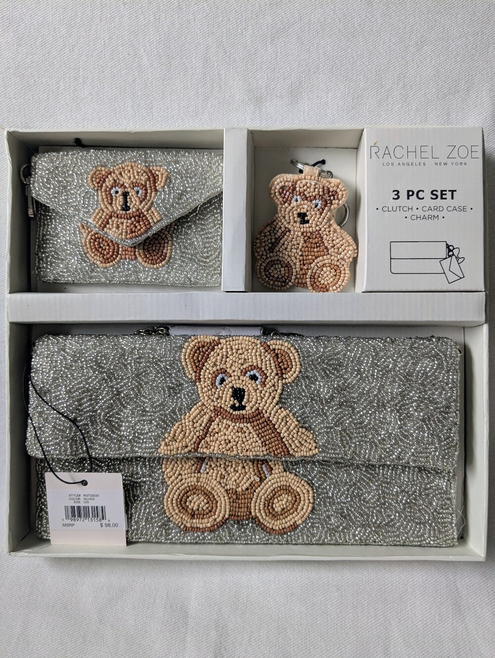 NWT Rachel Zoe Beaded Teddy Bear 3 Pc Set Clutch & Card Case Keyholder